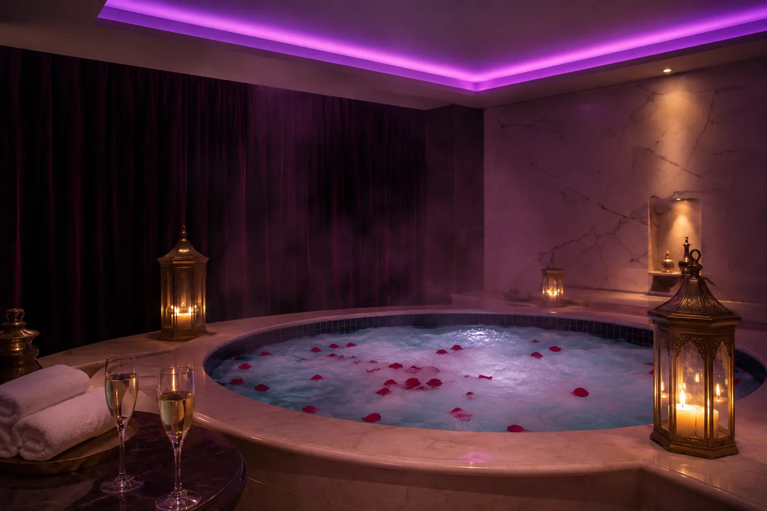 Jakuzili vip odanın mor ışıklı hâli — Lila Spa, Esenyurt misafirlerine hizmet veren salon